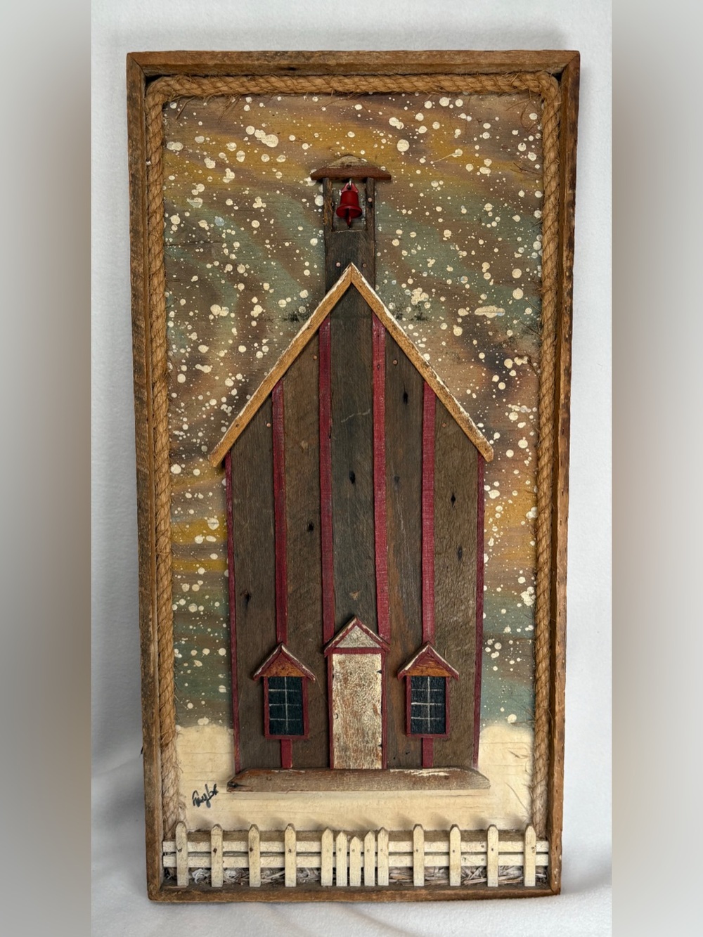 Vintage Hand Crafted Primitive Country Folk Art Schoolhouse Picture 3D Signed